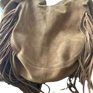 Cynthia Vincent Tan Suede Fringe Hobo Bag